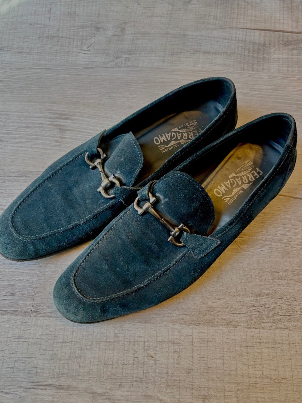 Mens Salvatore Ferragamo Tapas Loafers Navy Blue Suede Italy Gancini Size 12 D